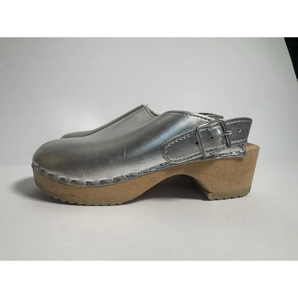 Vollsjo Sweden Silver Leather Wooden Slingback Clogs Girls EU 31 US 13